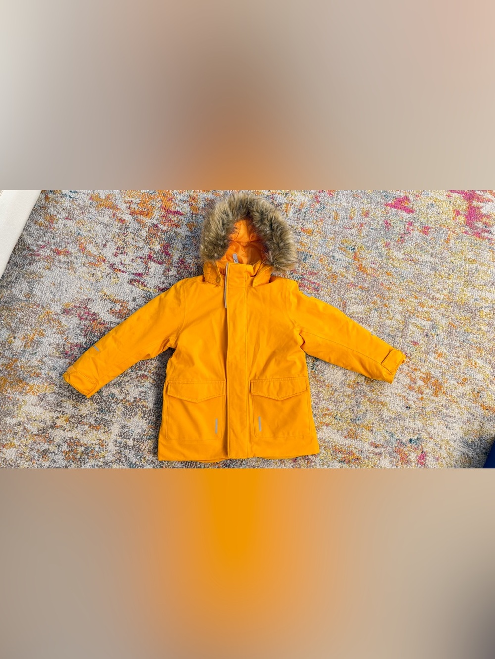 Kids Bright Yellow Hooded Parka by Reima tec with removable Faux Fur Trim.
